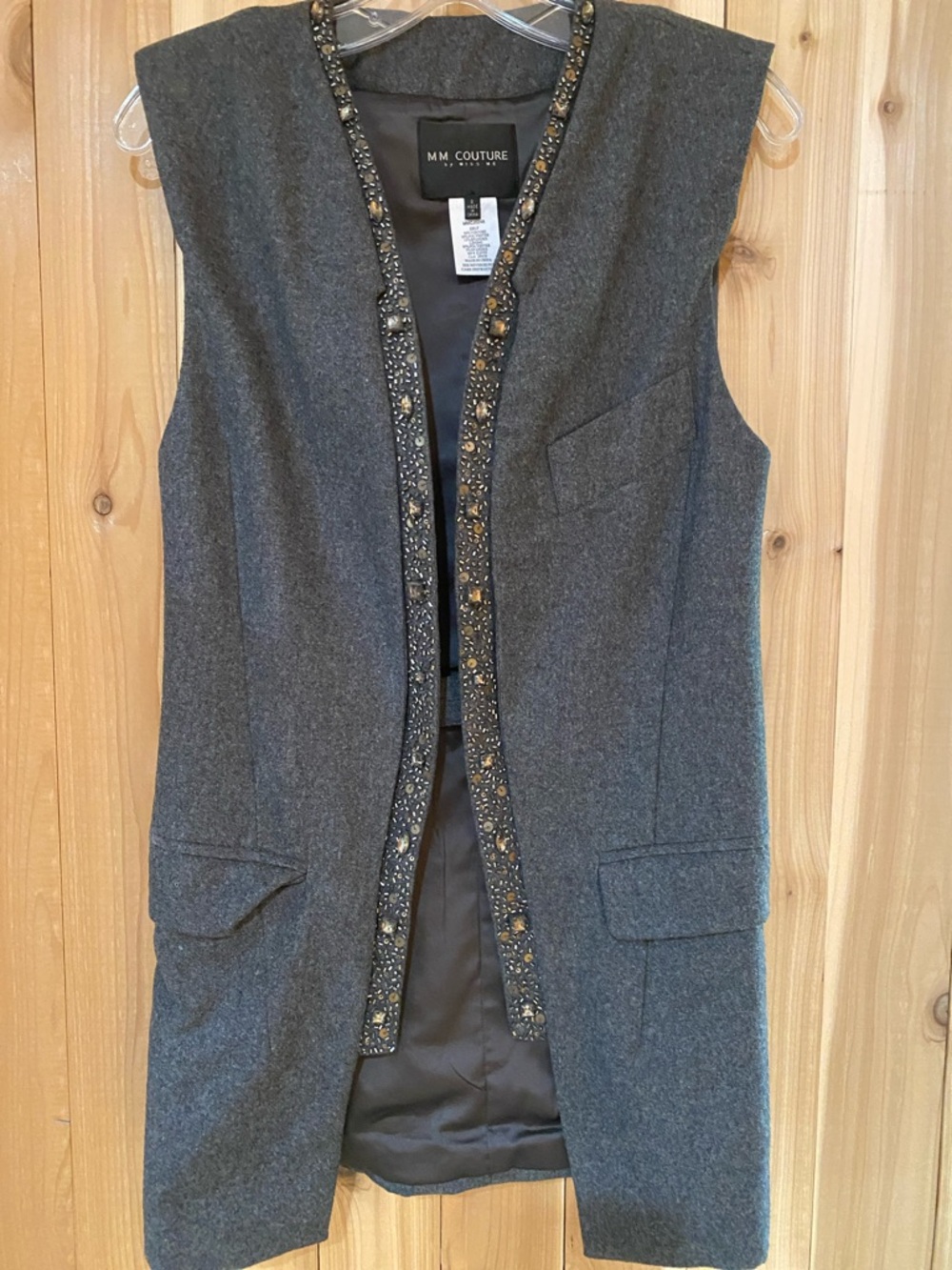 MM Couture Charcoal Gray Beaded-Trim Sleeveless Vest